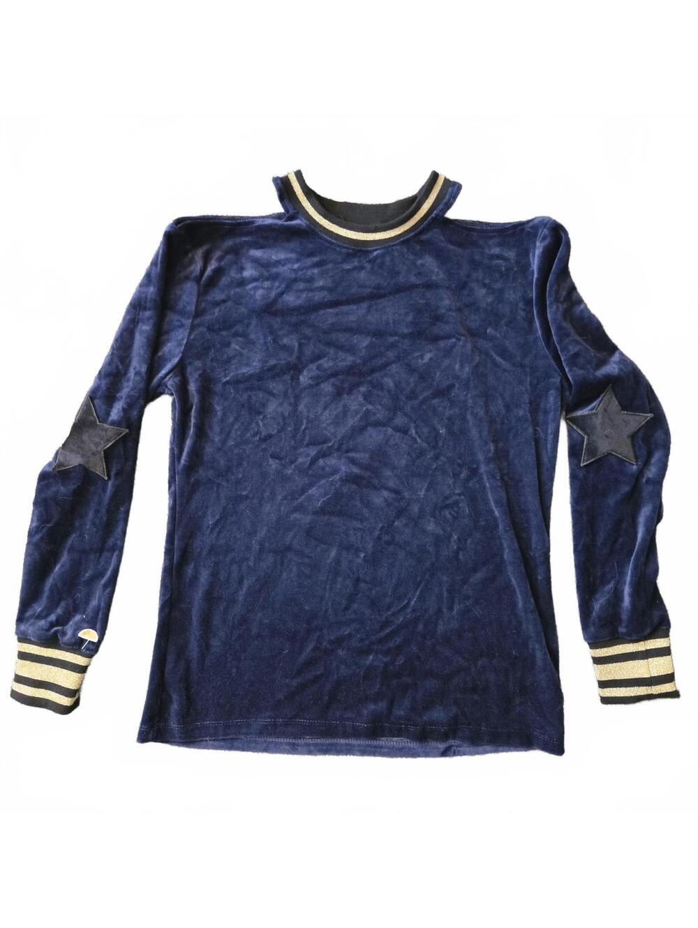 C&C California Navy Blue Velvet Long Sleeve Top with Star Elbow Patches